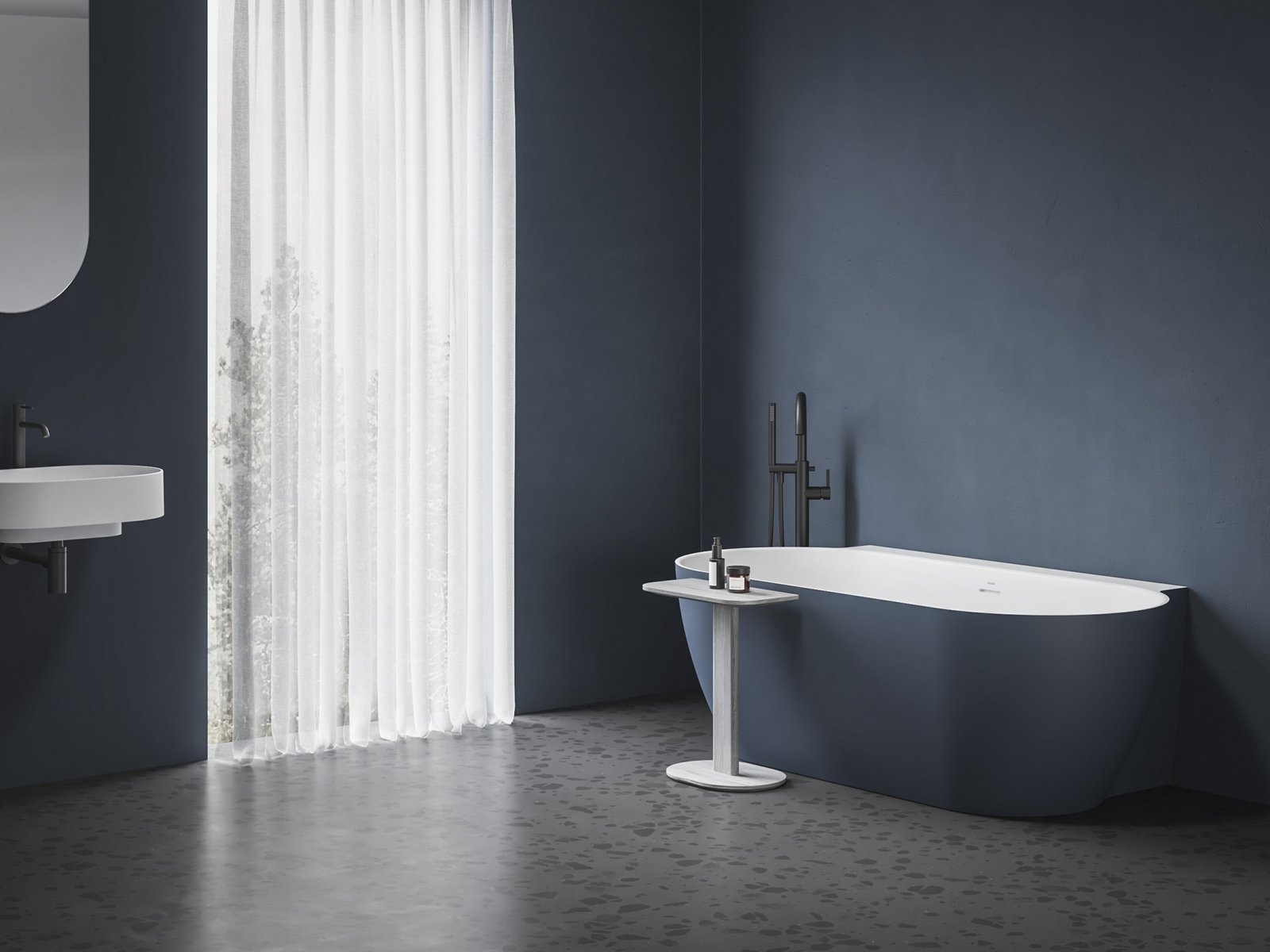 Ravak Freedom Wall II Tec 170×87 cm, akrilkád, Deepsea Blue/fehér, fehér/fekete/króm lefolyó, CC71400000