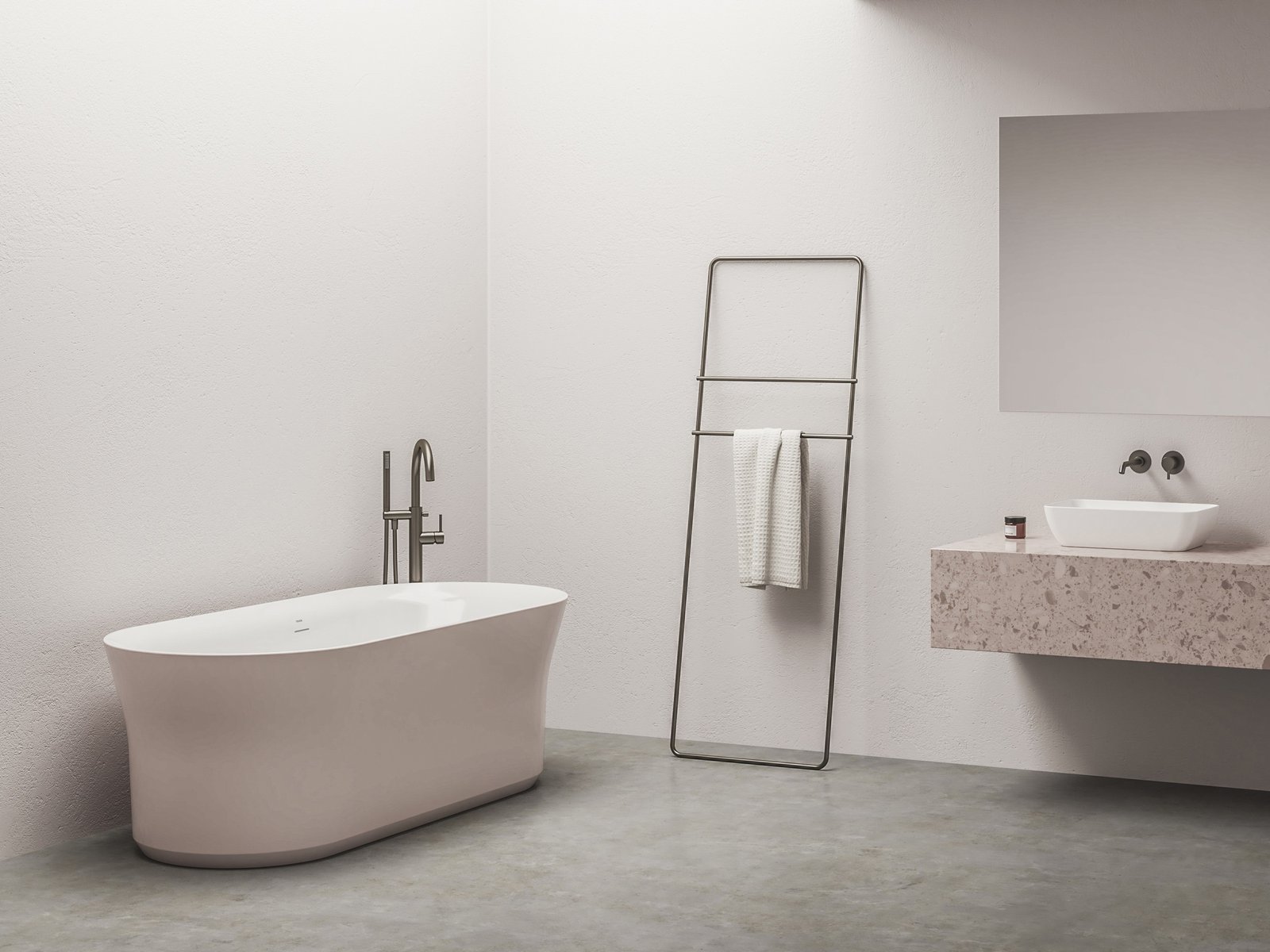 Ravak Ypsilon 180×80 cm, akrilkád, Alabaster Pink/fehér, szabadonálló, fehér/fekete/króm lefolyó, XC00100085